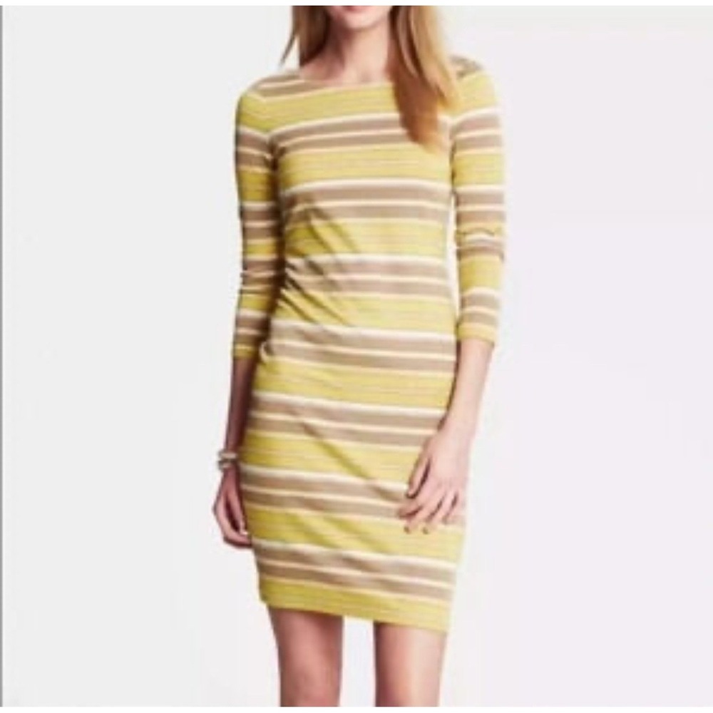Banana Republic Dress Womens Sz 8 Yellow Shift Striped 3/4 Sleeves Rayon Blend